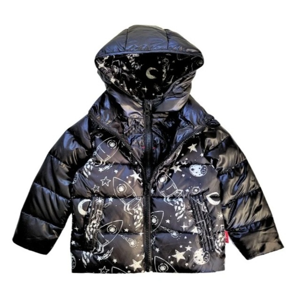 Onekid Rocketship Road Coat Down Kids Sz 6 Black Car seat Safe Jacket Hood $140